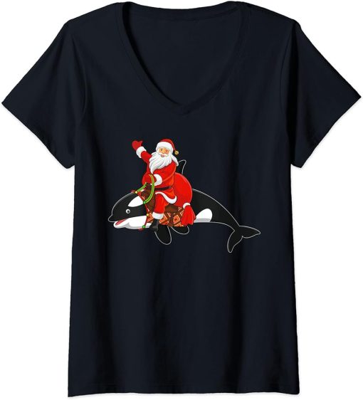 Womens Orca Lover Xmas Santa Riding Orca Christmas V-Neck T-Shirt