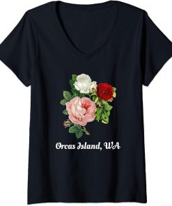 Womens Orcas Island Washington Blossom Vintage Rose Flower Floral V-Neck T-Shirt