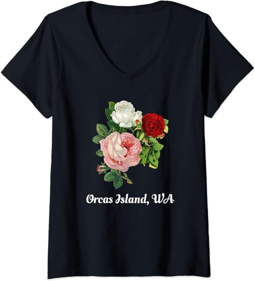 Womens Orcas Island Washington Blossom Vintage Rose Flower Floral V-Neck T-Shirt