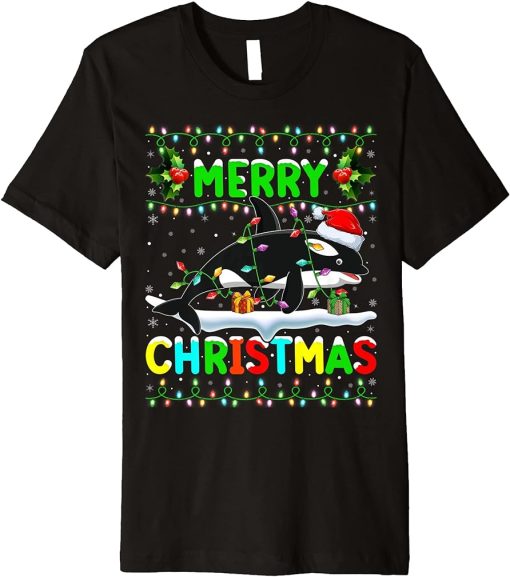 Xmas Orca Fish Lighting Santa Hat Merry Christmas Orca Premium T-Shirt