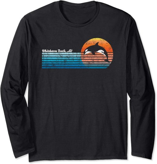 Vintage Whitehaven Beach, Retro 80s Orca Sunset Long Sleeve T-Shirt