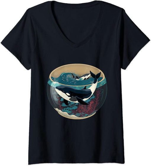 Womens Orca Whale in Fish Bowl Orca in Aquarium Free The Orcas V-Neck T-Shirt